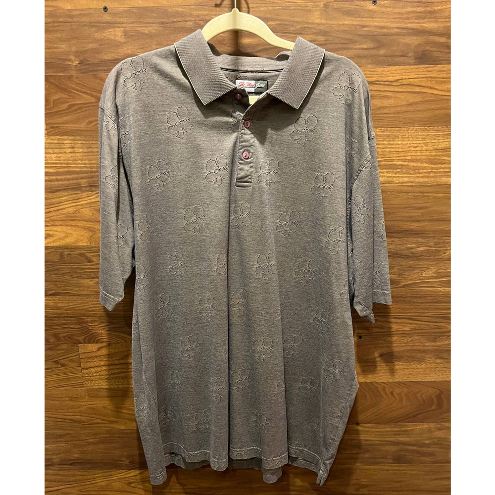 Skins Game Men's Polo Short Sleeve Golf Shirt Grey Hibiscus Hawaiian Pattern XL